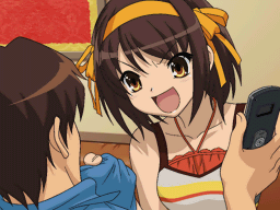 Haruhi mostrando su teléfono a Kyon
