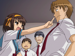 Haruhi tirando de la mejilla de Kyon